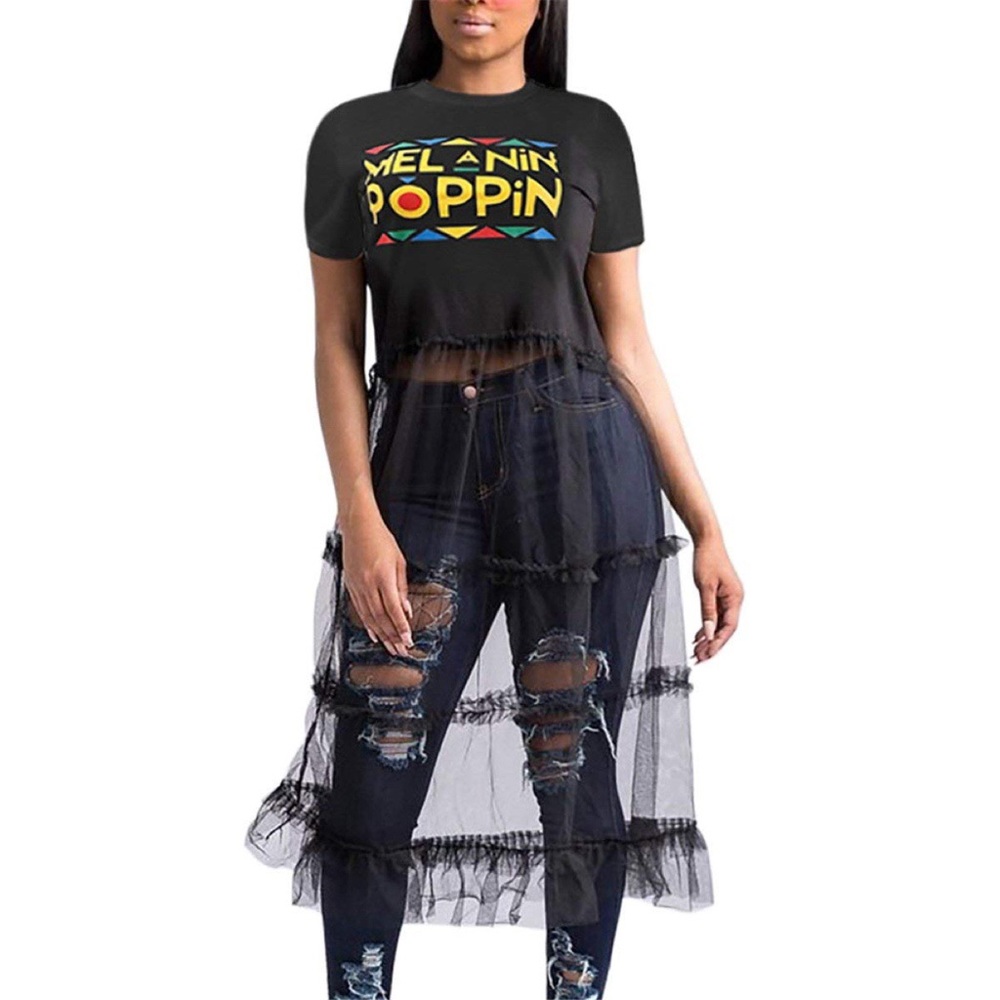 Sheer Short Sleeve Paneled Ruffled Melanin Poppin T-shirt Dress